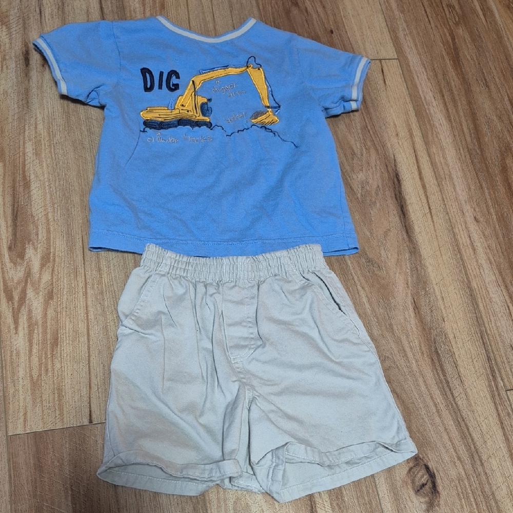 Miniwear Children's 24 M Beige Shorts And Blue Shirt With Digger Details